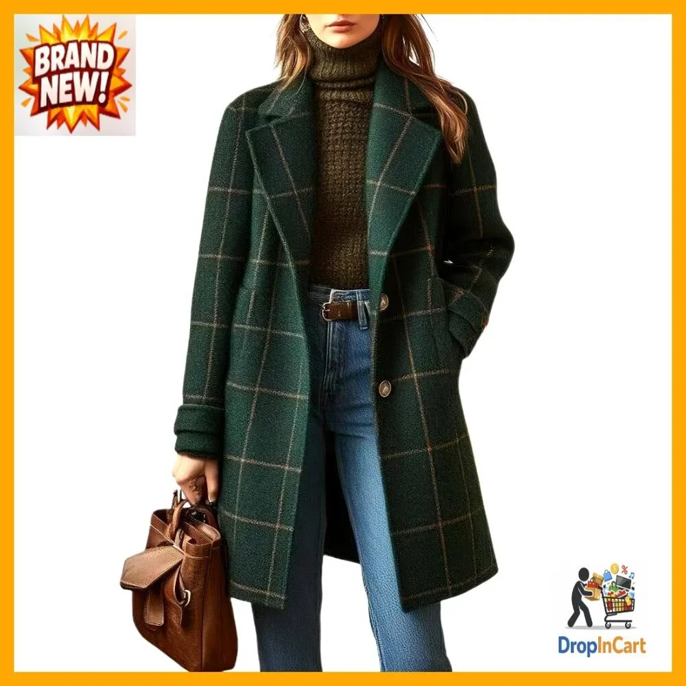 Wool Trench Coat Notched Collar Plaid Classic Elegant Oversized Outerwear